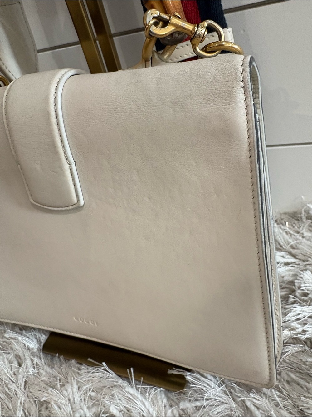 Gucci white leather Dionysus bamboo top handle bag with navy blue and red strap - Picture 8 of 15